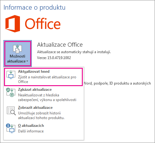 Ruční kontrola aktualizací Office ve Wordu 2016
