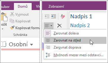 Snímek obrazovky s tlačítkem Zarovnání odstavce ve OneNotu 2016