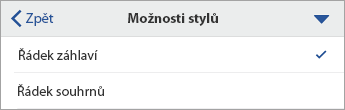 Rozbalený příkaz Možnosti stylů s vybranou možností Řádek záhlaví.