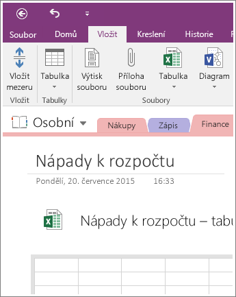 Snímek obrazovky s novou tabulkou v OneNotu 2016.