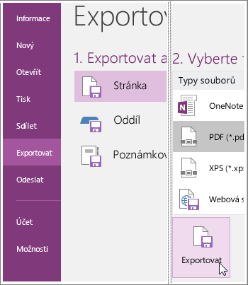 Snímek obrazovky s postupem exportu stránky poznámek v OneNotu 2016.