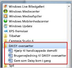 Menuen Start med Daisy-filerne efter installationen