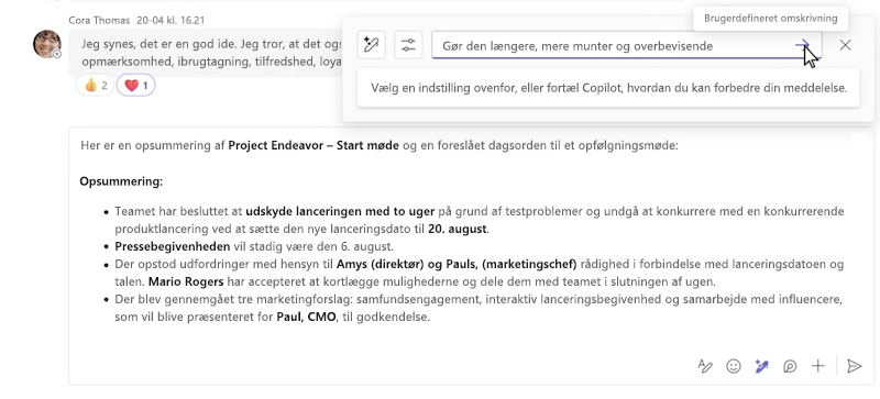 Tilpasset omskrivning af en meddelelse ved hjælp af Copilot i Microsoft Teams-chat.