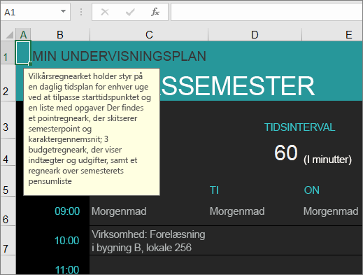 Ny udgave af Microsoft Excel-skabelonen Administration af universitetskursus med beskrivelser af elementer.