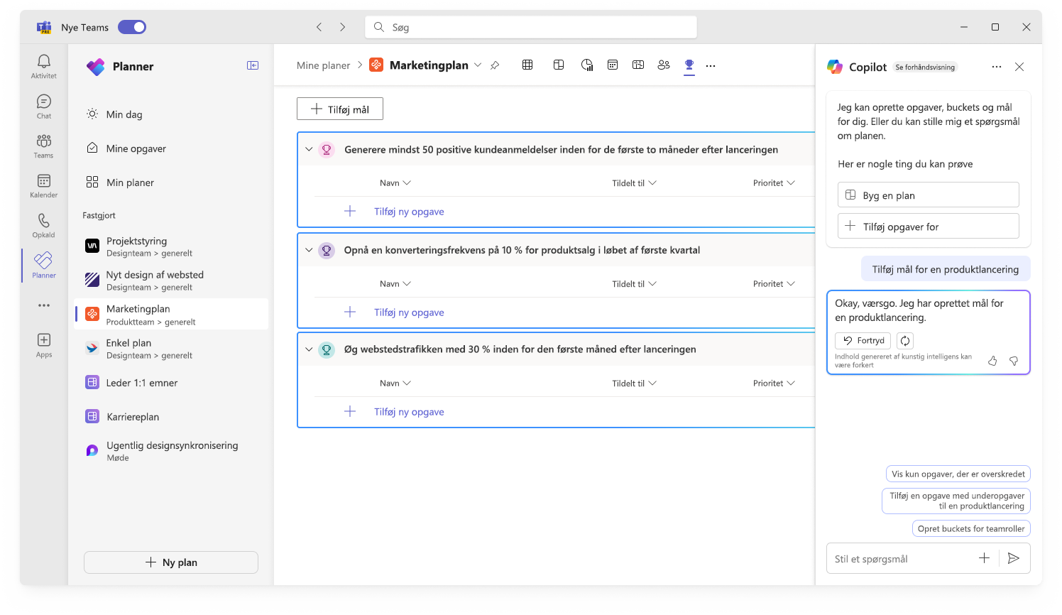 Skærmbillede der viser brugergrænsefladen for Copilot i Planner, der opretter mål.