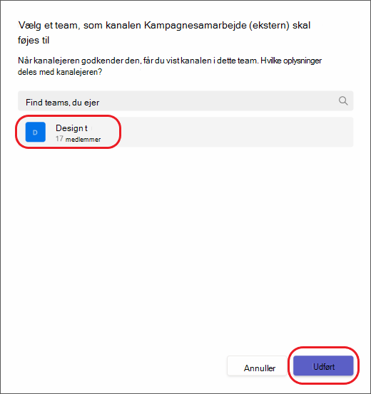 Teams – vælg et team til invitation til delt kanal