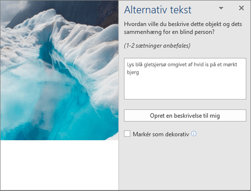 Den nye dialogboks Alternativ tekst, der viser autogenereret alternativ tekst i Word