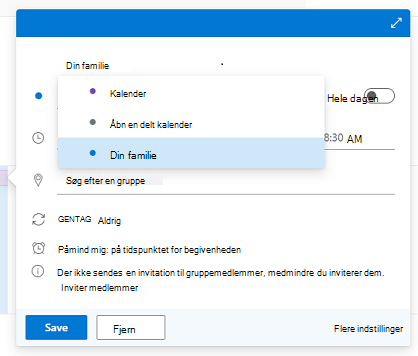 Dialogboksen Ny begivenhed med kalenderlisten åben, og Din familie valgt.