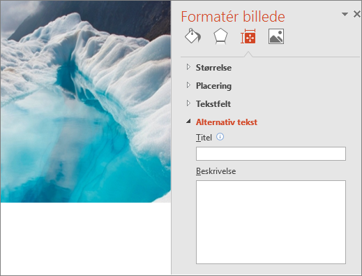 Gammelt billedet af issø med dialogboksen Formatér billede, der ikke viser Alternativ tekst i feltet Beskrivelse.