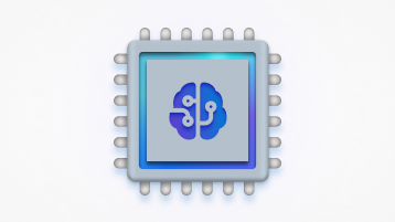 En konceptuel grafik til en neural behandlingsenhed (NPU), der vises som en processorchip med et hjerneikon i midten med forbindelsespunkter.