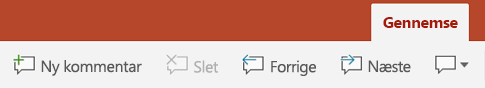 Fanen Gennemse på båndet i PowerPoint på Android-tablets indeholder knapper til at bruge Kommentarer.