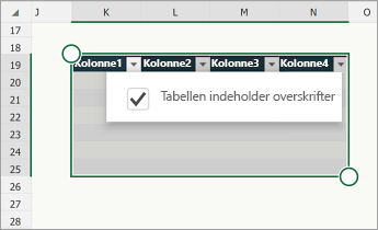 Tabel med afkrydsningsfeltet Tabellen indeholder overskrifter markeret.