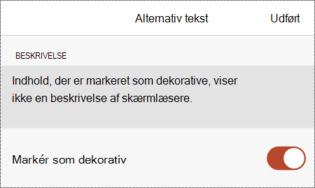 Indstillingen Markér som dekorativ valgt i dialogboksen Alternativ tekst i PowerPoint til iOS.