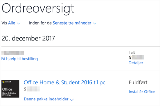 Viser siden Ordreoversigt i Microsoft Store