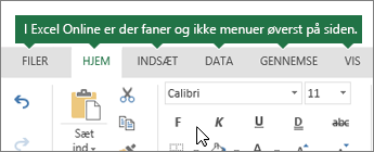 Fanerne Hjem, Indsæt, Data, Visninger i Excel på internettet