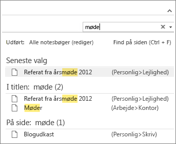 Brug Søg til at søge efter noter overalt i OneNote.