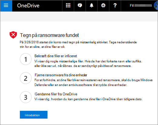 Skærmbillede af skærmen Tegn på ransomware registreret på OneDrive-webstedet