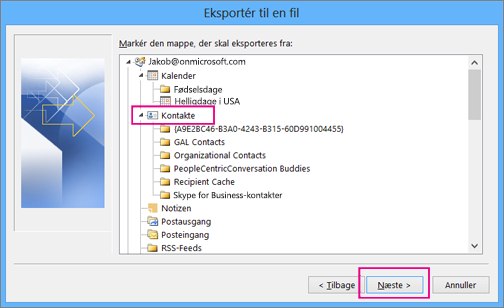 Rul op, og vælg derefter mappen kontakter, du ønsker at eksportere.