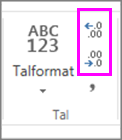 øge eller mindske decimaler på talformatering