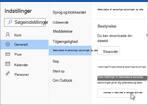 Menuen Generelle indstillinger for beskyttelse af personlige oplysninger og data