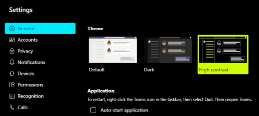 Die option Microsoft Teams mit hohem Kontrast, die in den App-Einstellungen ausgewählt ist.