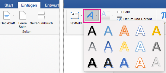 Registerkarte "Einfügen" mit hervorgehobener Option "WordArt"