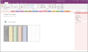 Screenshot eines OneNote 2016-Notizbuchs mit eingebetteter Excel-Tabelle