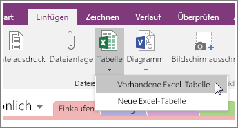 Screenshot der Schaltfläche "Tabelle einfügen" in OneNote 2016