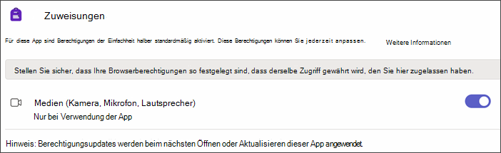 Screenshot der Teams-Einstellungen nach dem Auswählen von App-Berechtigungen. Die Einstellung Medien wird mit aktivierter Umschaltfläche angezeigt.