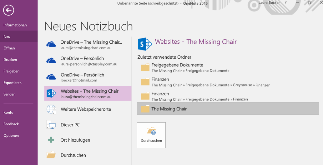 OneNote für Windows 2016: Benutzeroberfläche zum Auswählen eines Ordners für neue Notizbücher