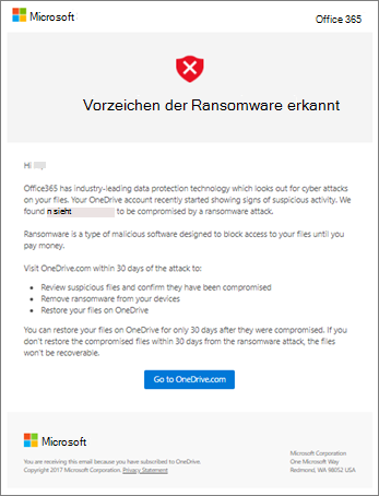 Screenshot der E-Mail zur Erkennung von Ransomware von Microsoft