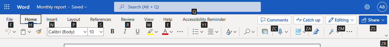 KeyTips werden für jede Option im Menüband in Word für das Web angezeigt.