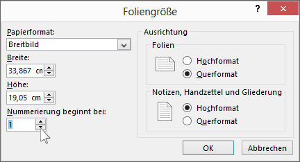 Zeigt das Dialogfeld "Foliengröße" in PowerPoint