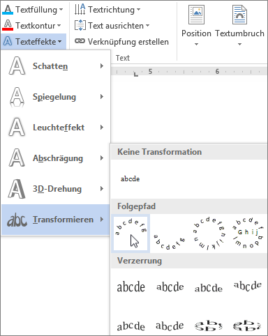 Auswählen eines kurvenförmigen Texteffekts vom Typ "Transformation"