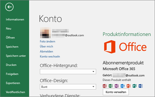 Das mit Office verknüpfte Microsoft-Konto wird im Fenster "Konto" einer Office-Anwendung angezeigt.