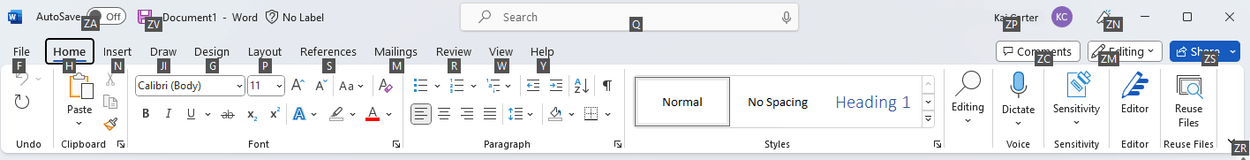 KeyTips werden für jede Option im Menüband in Word angezeigt.