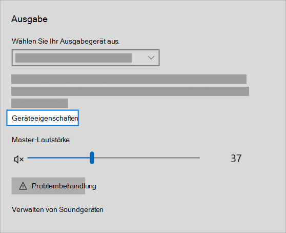 Link „Eigenschaften“ des Soundausgabegeräts im Soundmenü