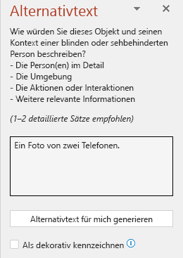 Das Alternativtext-Fenster zeigt ein Beispiel für einen schlechten Alternativtext.