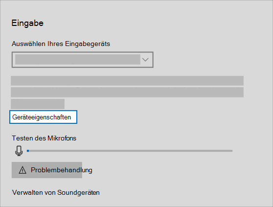 Link 'Eigenschaften' des Soundeingabegeräts im Soundmenü