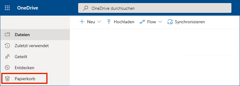 OneDrive for Business Online mit dem Papierkorb im linken Menü