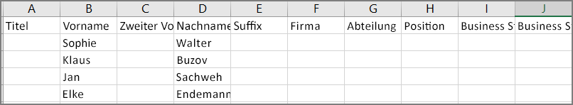 Ein Beispiel dafür, wie eine CSV-Datei aussieht, nachdem Kontakte aus Outlook exportiert wurden