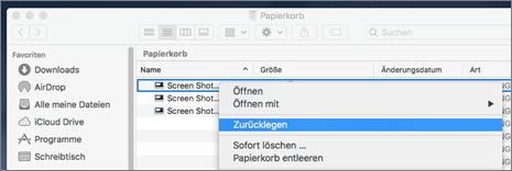 Rechtsklickmenü, um eine Datei aus dem Papierkorb auf einem Mac zu entfernen