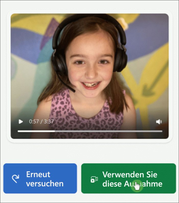 Screenshot der Kursteilnehmeransicht in Lesefortschritt, ein weißes Mädchen mit ein paar fehlenden Zähnen lächelt in die Kamera, und Schaltflächen unterhalb des Mädchens sind beschriftet mit „erneut versuchen“ und „diese Aufzeichnung verwenden“.