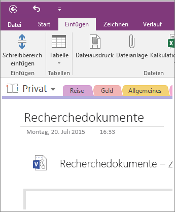 Screenshot: Einfügen eines neuen Visio-Diagramms in OneNote 2016