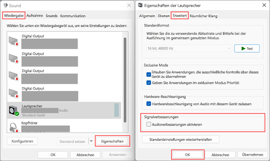 Deaktivieren Sie Audioverbesserungen in den Windows 11-Soundeinstellungen.