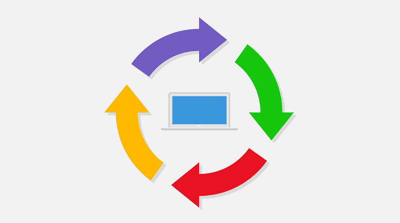 Symbol eines PC mit farbigen Kreispfeilen um ihn herum