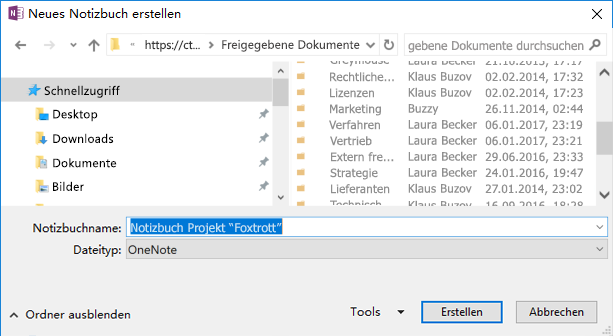 OneNote für Windows 2016: Dialogfeld "Neues Notizbuch erstellen"