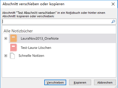 OneNote für Windows 2016: Dialogfeld "Abschnitt verschieben oder kopieren"