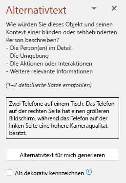 Das Alternativtext-Fenster zeigt ein Beispiel für einen guten Alternativtext.