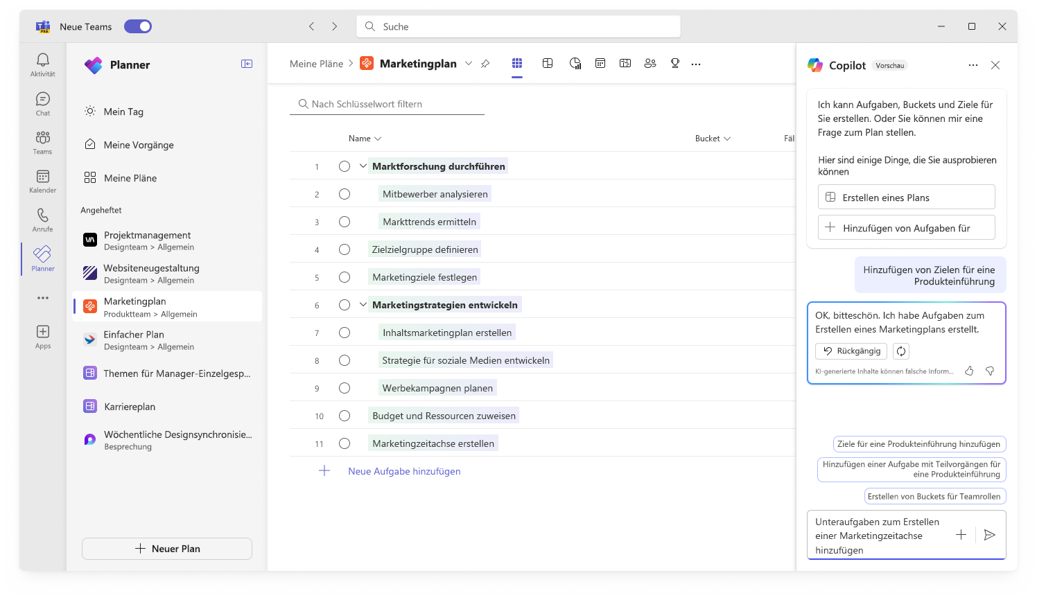 Der Screenshot zeigt die Benutzeroberfläche von Copilot in Planner beim Erstellen eines neuen Plans.